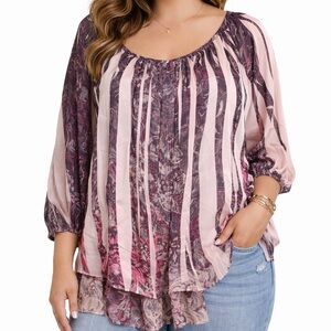 CATO 26/28W Women's Pink Purple Floral Pleated  Layered Top Blouse